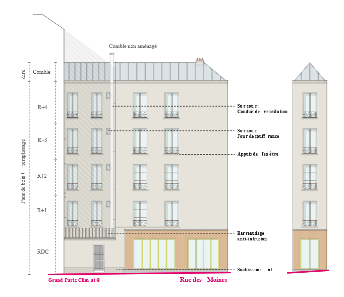 Schéma d'architecte présentant la façade rue avant travaux du 25 rue Guy Moquet