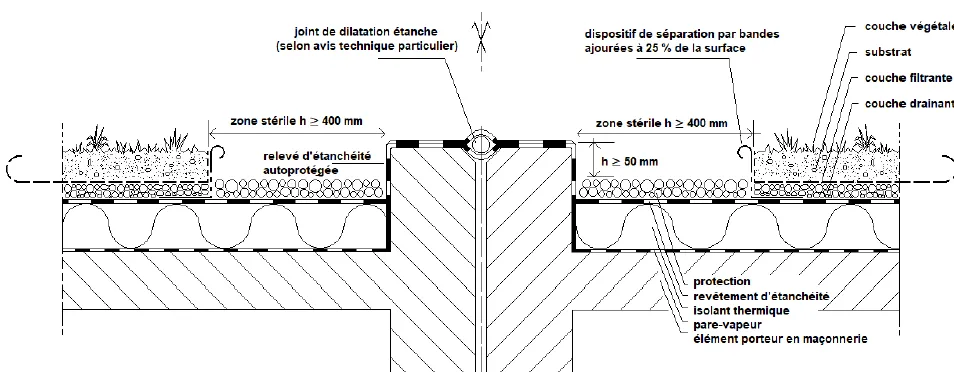 Schéma d'un joint de dilatation apparent dans le cadre d'une végétalisation de toiture